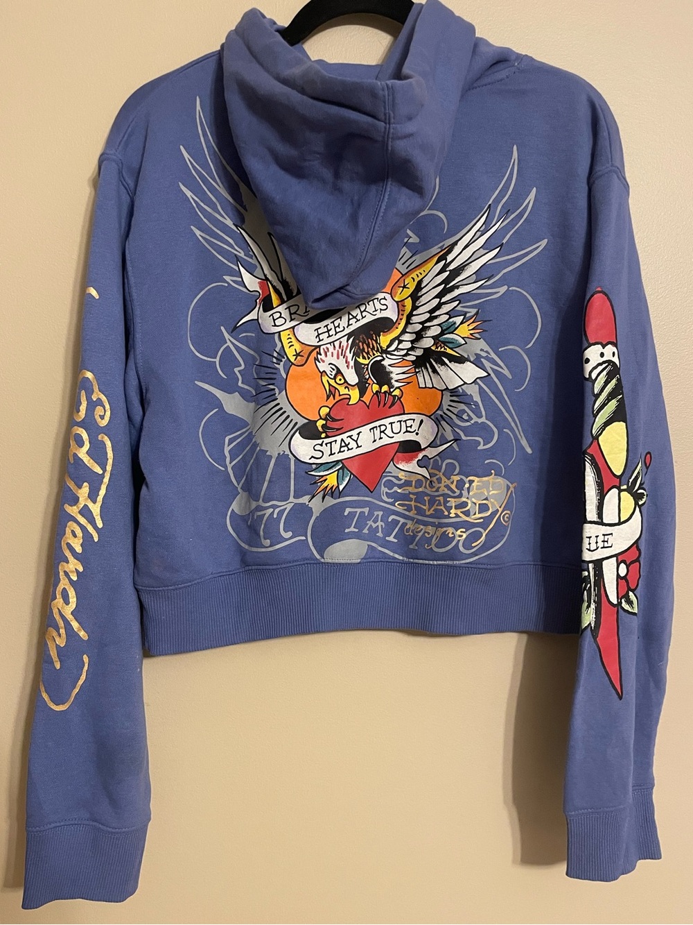 Ed Hardy Cropped Blue Hoodie gold Script Logo Size large - Picture 2 of 6